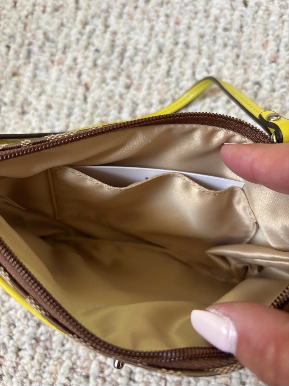 Coach Brown Signature Canvas Wristlet with Yellow Trim